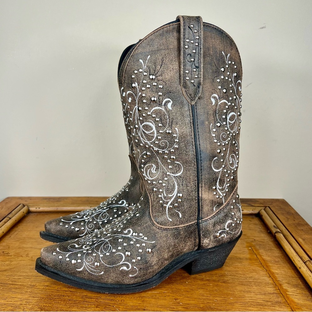 Rockin Country Studded Women’s Brown Leather Cowboy Boots Size 8.5